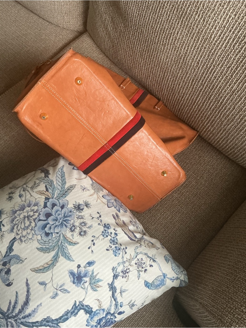 Clare V Tan Leather Tote with Red and Brown Stripe - Picture 2 of 12